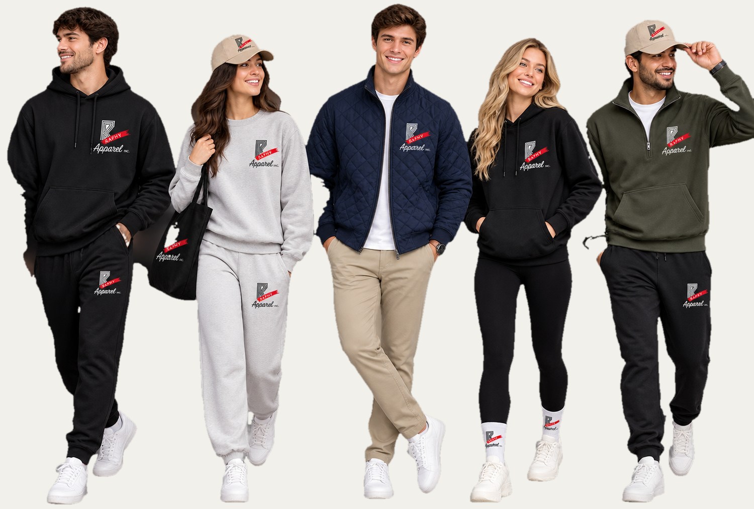 RAFHY Apparel Inc. custom hoodies, crewnecks, jackets, joggers, caps and totes worn by a group